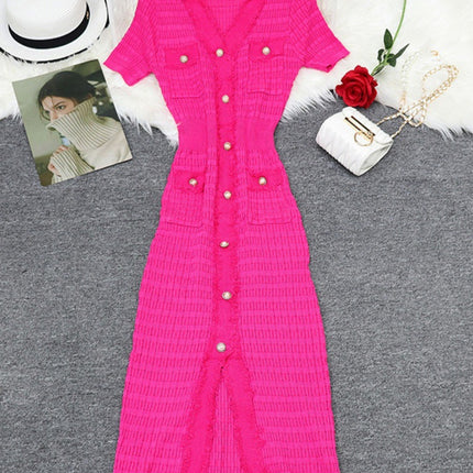 S Brand European and American Cross-Border Spring/Summer New V-Neck Short-Sleeve Dress 2026 French Socialite Women's Clothing Waist-Cinching Slit Long Dress