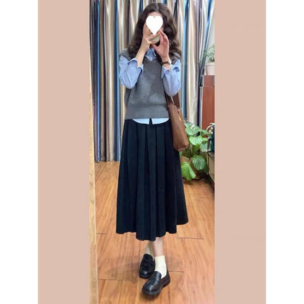 Early Autumn Korean-style Loose Striped Long-sleeved Shirt Lazy Pullover Sleeveless Knitted Sweater Vest Two-piece Set