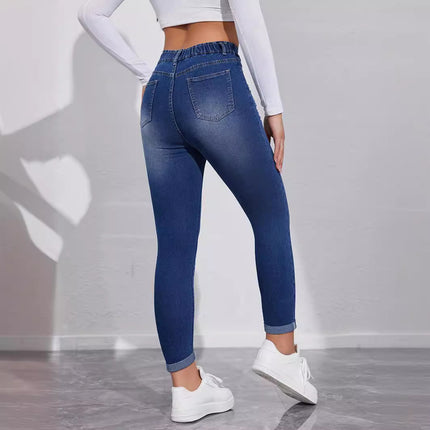 European and American Spring and Summer New Jeans High Elastic Washed High Waist Ripped Brushed Casual Pants Cross-Border Jeans for Women