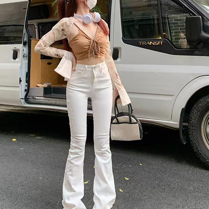 American-Style White High-Waisted Flared Jeans for Women, Spring and Autumn, Plus-Size, Stretchy, Slimming, Floor-Length Bootcut Pants