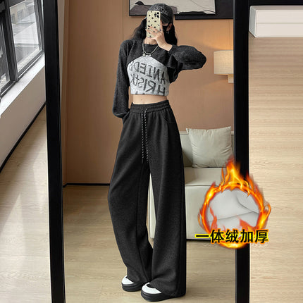 in stock Ancora Red Drawstring Sports Pants Autumn and Winter High Waist Casual Slimming Wide Leg Pants Women's Fleece-Led Pants