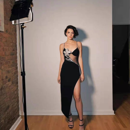 European and American Cross-border Trendy Brand Light Luxury Heavy Industry Nail Drill Bandage dress Hot Girl Sexy Sling Slip Split Small Black Dress