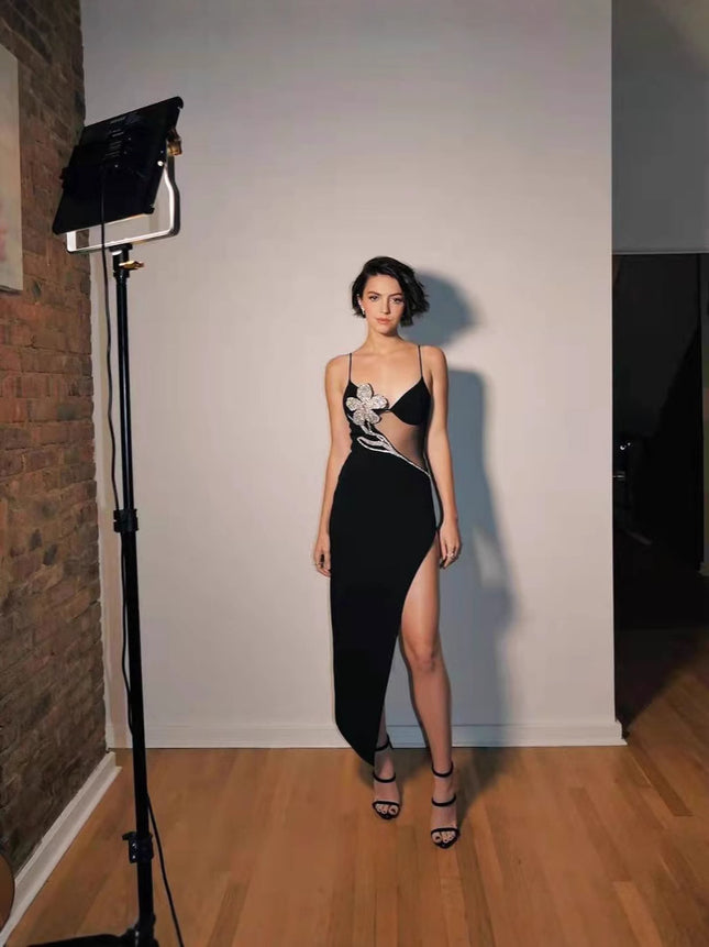 European and American Cross-border Trendy Brand Light Luxury Heavy Industry Nail Drill Bandage dress Hot Girl Sexy Sling Slip Split Small Black Dress