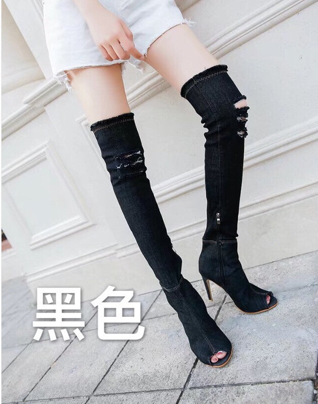 2024 Spring New Casual Fashion Korean Style Over-The-Knee Boots with the Same Elastic Round Toe High-Top Cowboy Boots for Women