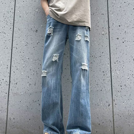 Raw Edge Ripped Lightning Pattern Bootcut Jeans Men's Straight Loose Wide Leg Teenagers Washed Distressed Floor Mopping Pants