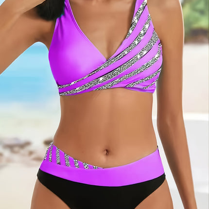 2026 New Hot-Selling European and American Amazon Sexy Rhinestone Printed Two-Piece Bikini Swimsuit