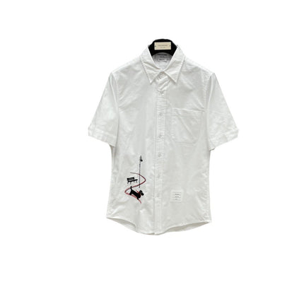 Factory Direct Camp Spring and Summer New TB Puppy Embroidered Sleigh Pattern Short Sleeve Oxford Shirt for Men and Women Couples Same Style
