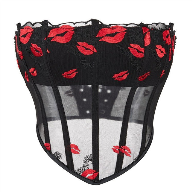 New Mesh Red Lip Print Pattern Women's Tube Top Breathable Palace Top Aliexpress Cross-Border Supply