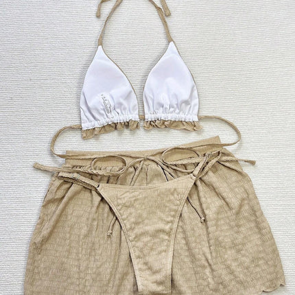 European and American Sexy Bikini Three-Piece Special Fabric Swimwear Women's Solid Color Beach Suit Holiday Swimwear Hot Sale