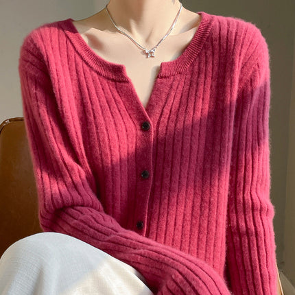 Autumn and Winter New Versatile Loose Sweater Niche Short Cardigan with Round V-Neck Design Ribbed Knit for Women