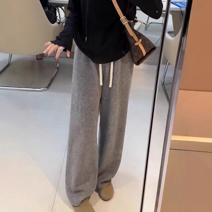 Gray Casual Towel Pants 2025 New Autumn and Winter Women's Velvet Thickeneded Drawstring Lazy and Relaxed Loose Wide-Leg Pants