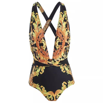 INS new sexy deep V belly-covering beauty back slimming retro style printed French robe one-piece swimsuit women's two-piece suit