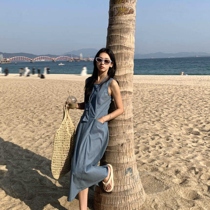 Huang Zheng Sleeveless Slim-fit Pocket dress with Mobile Phone Bag Women's 2025 Summer Elegant 520328