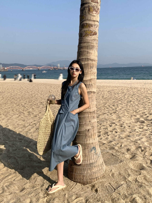 Huang Zheng Sleeveless Slim-fit Pocket dress with Mobile Phone Bag Women's 2025 Summer Elegant 520328
