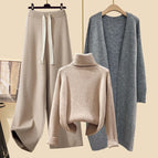 Gray jacket + coffee sweater + khaki wide-leg pants three-piece set / M recommendation 40-50kg