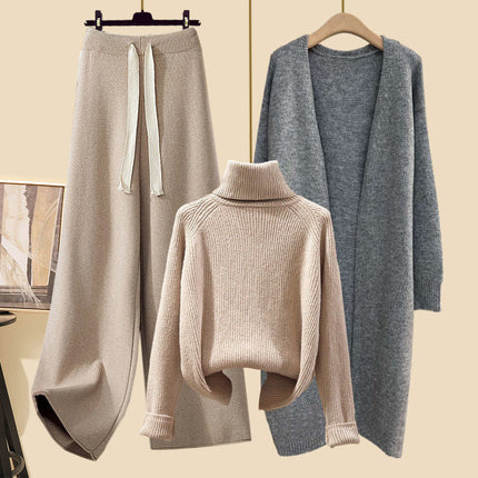 Autumn suit Women's 2024 New Korean Lazy Style Cardigan Jacket with Slim Sweater Wide Leg Pants Three-Piece Set