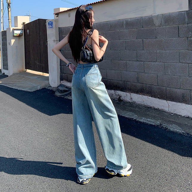 Vintage Belt Wide Leg Jeans Women's 2025 Summer New Style Straight Loose High Waist Dosing Slim-fit Mop Pants