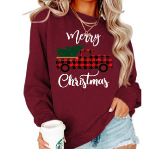 Christmas Plaid Truck Merry christmas Printed Crewneck Women's Top Sweat European Code Foreign Trade Cross-border