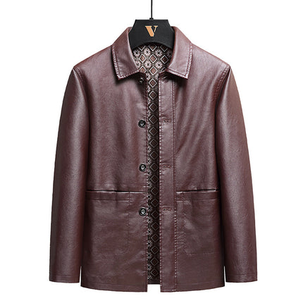Leather coat men's autumn and winter New dad wear business casual lapel high-grade light mature style middle-aged leather suit jacket