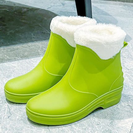 Cross-border New High Rain Shoes Women's Online Popular Fashion Water Boots Solid Color Waterproof Non-slip Warm Outer Wear fleece-lined Warm Boots