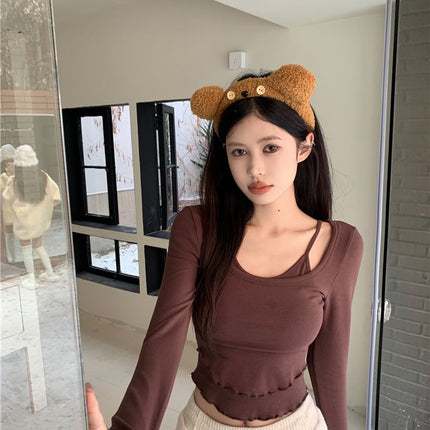 Maillard Spice Girls Fake Two-piece Long-sleeved T-shirt Women's Chunchun Chic Sling Neck Wooden Edge Slim-fit Slimming Top