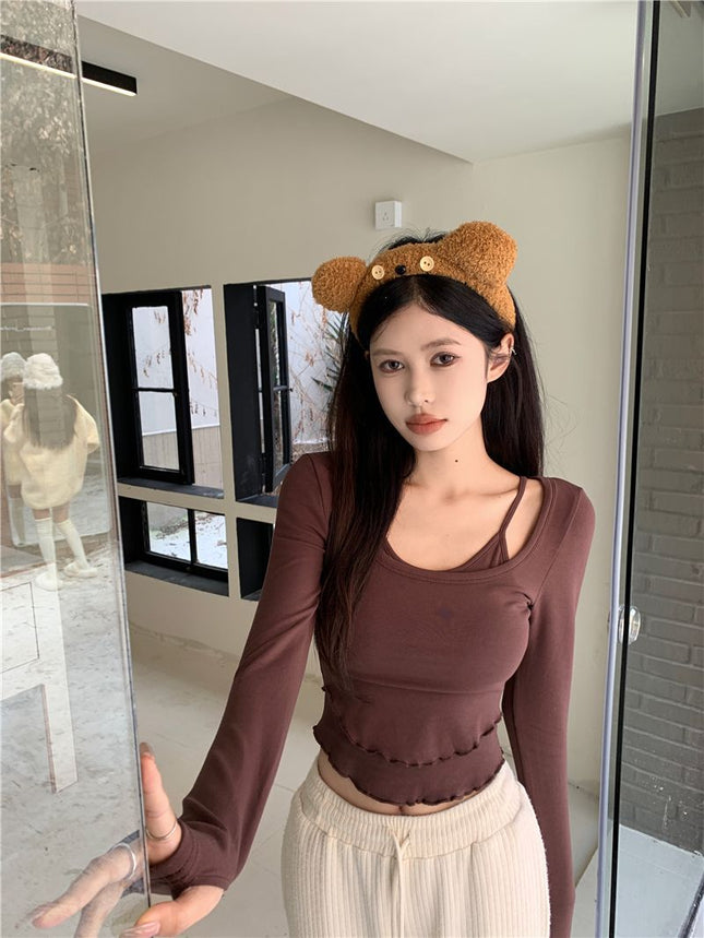 Maillard Spice Girls Fake Two-piece Long-sleeved T-shirt Women's Chunchun Chic Sling Neck Wooden Edge Slim-fit Slimming Top