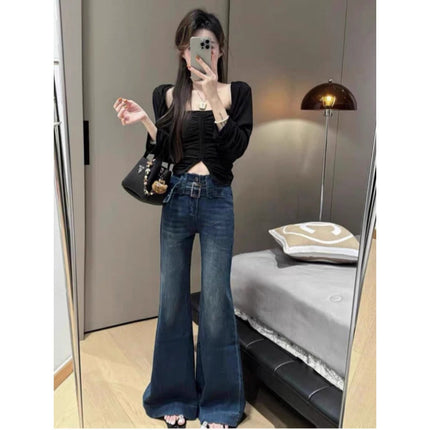 2025 Spring and Autumn New Arrival Hong Kong Style Retro Wide Leg Dash Jeans High Waist Loose Slimming Straight Leg Pants for Women