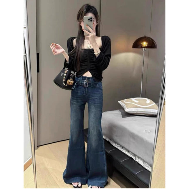 2025 Spring and Autumn New Arrival Hong Kong Style Retro Wide Leg Dash Jeans High Waist Loose Slimming Straight Leg Pants for Women