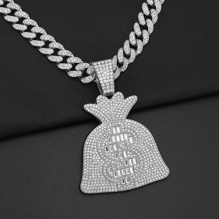 Cool Large Full Diamond Dollar Symbol Money Bag Pendant Necklace Pendant Diamond-encrusted Hip-hop Men's Cool Punk Necklace Pendant