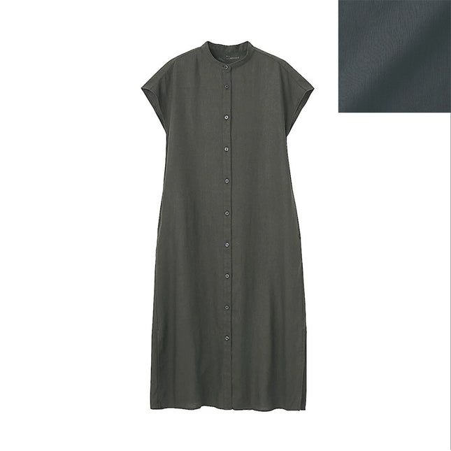Japanese Style Linen Washed French Sleeve Dress with Vertical Collar Short Sleeve Thin Coat Long Large Size Cardigan Loose Clothes for Spring and Summer
