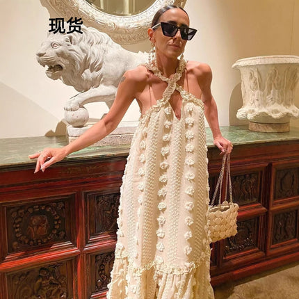 2023 fashion neck three-dimensional flower mop cake dress cross-border Amazon foreign trade loose skirt