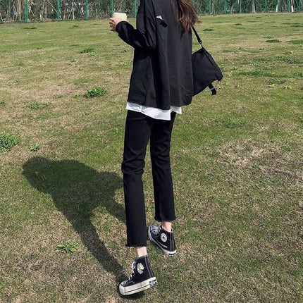 Black Straight Leg Jeans Women's Fashionable All-match New High Waist Slimming Small Eight or Nine French Stick Pipe Trousers
