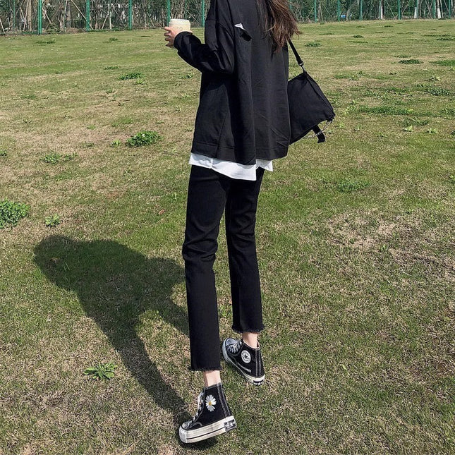 Black Straight Leg Jeans Women's Fashionable All-match New High Waist Slimming Small Eight or Nine French Stick Pipe Trousers