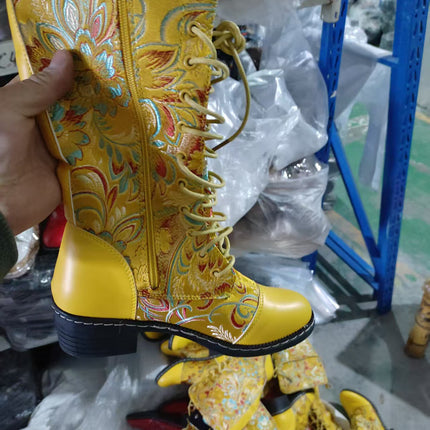 2025 Export New Style Side Zipper Boots Autumn and Winter Retro Flats Embroidered Boots Embroidered Low Heel Knight Boots High Tube Women