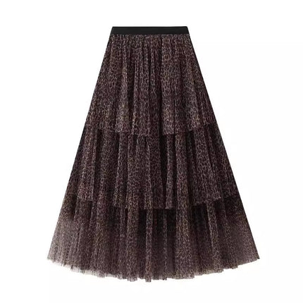 Fashion Distinctive Wild Style Leopard Print Mesh Dress Long Elastictic Waist Cake Skirt Women's Fairy Women's Long Skirt