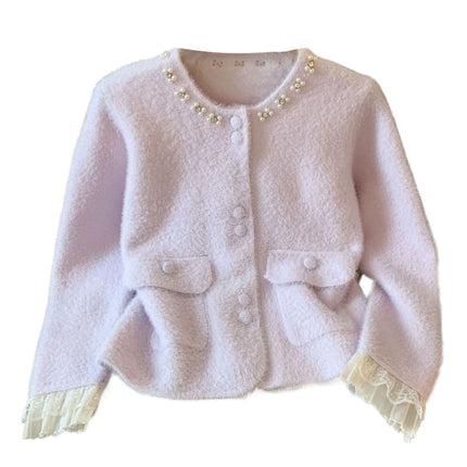 Pearl Short Coat Lace Splicing Light Luxury Thickened White Beaded Fur Cardigan