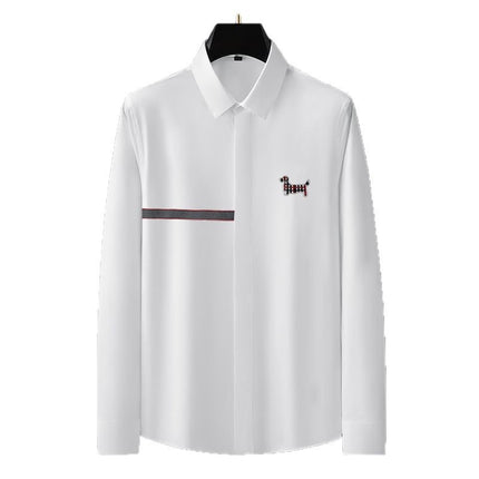 Men's Luxury European Style Slim-Fit Tencel Cotton Non-Iron Fashion Business Shirt with Embroidered Dog Design Long-Sleeve Men's Shirt