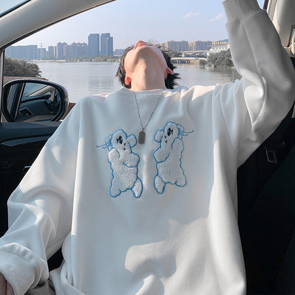 2025 Autumn New Men's Sweatshirt Hong Kong Style Dog Embroidery Cotton Oversized Sweatshirt Men's Loose Long Sleeve Top