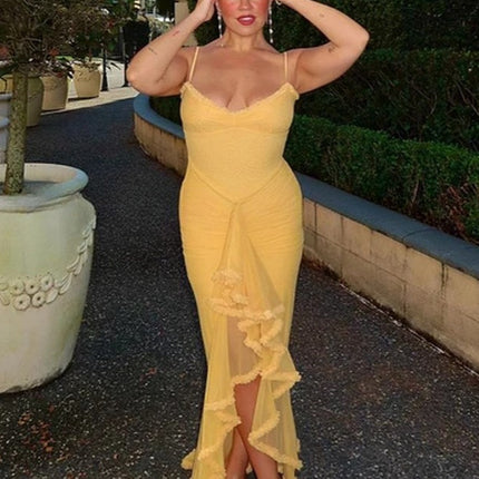 Foreign Trade Niche Yellow Elastic Mesh Asymmetrical Suspender Dress Sexy Figure-Flattering Pleated Dress Spring and Summer