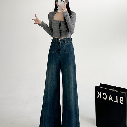 Stretch Retro Large Wide Leg Horn Jeans Women's 2024 Autumn New Loose Elegant All-match Mop Pants