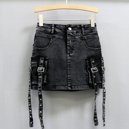 Retro Black and Gray Spicy Girl Style Ribbon Sweet Cool Denim Short Skirt for Women, Spring and Summer High-Waisted Workwear Ins Elastic Bodycon Skirt