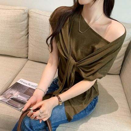 Petite Lazy Linen Cotton Shawl Set for Women Summer 2025 New Waist-Slimming Asymmetrical Short Sleeve Top Two-Piece Set