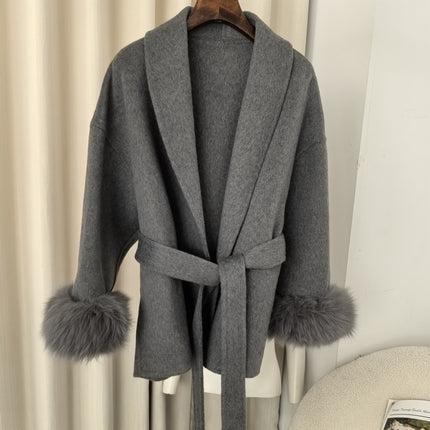 Explosive in stock Autumn and Winter Women's High-end Double-sided Wool Coat Women's Mid-length Removable Real Fox Hair Cuff