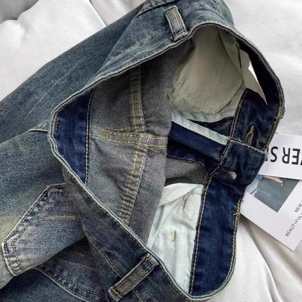 Vintage Distressed High-Waisted Flared Jeans for Petite Women, Loose Straight-Leg Slimming Wide-Leg Floor-Length Pants