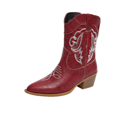2025 Cross-Border Export New Thick-Heeled Western Cowboy Boots V-Mouth Embroidered Sleeve Knight Boots Retro Mid-Calf Square Toe