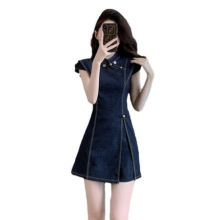 2026 New Chinese-Style Women's Fashion Washed Denim Shorts Set for Petite Women, Retro Button Two-Piece Set