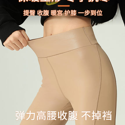 Leather Pants Women's Tight 2024 New High Waist Thin Cropped Pants fleece-lined Leather Matte Leggings Outer Wear Long Pants