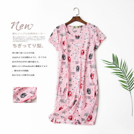 2025 European and American Amazon Spring and Summer New Short-Sleeved Cartoon Printed Nightgown Home Wear Women's Casual Style Dress