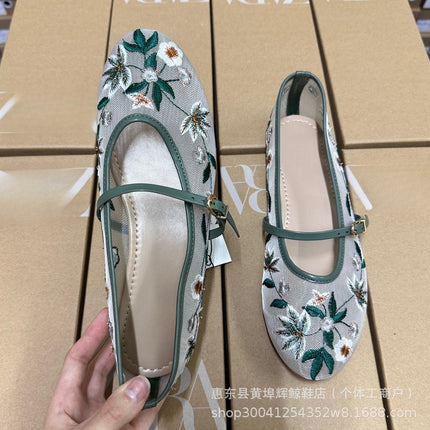 Za Spanish Round-Toe Mesh Green Floral Embroidered Mesh Fabric Ballet Flats Women's Shoes European and American Style