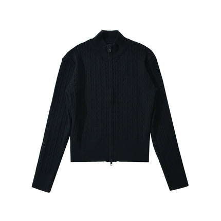 Foreign Trade 2026 Spring European and American Fashion Slim-Fit American Retro Stand-Up Collar Double Zipper Cable Knit Sweater for Women U23168